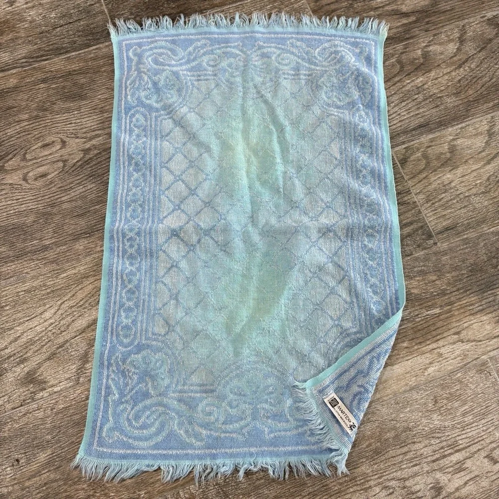 Vintage 1960s 1970s Martex Blue Ornate Hand Towel Fringe Made USA Cotton MCM
